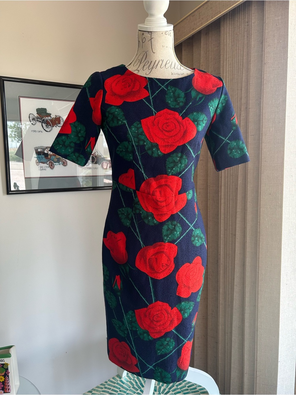 Vintage S.pearl Navy Dress with Red Rose Print
